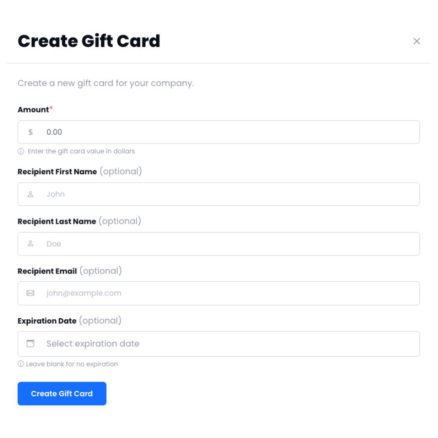 Create gift card form