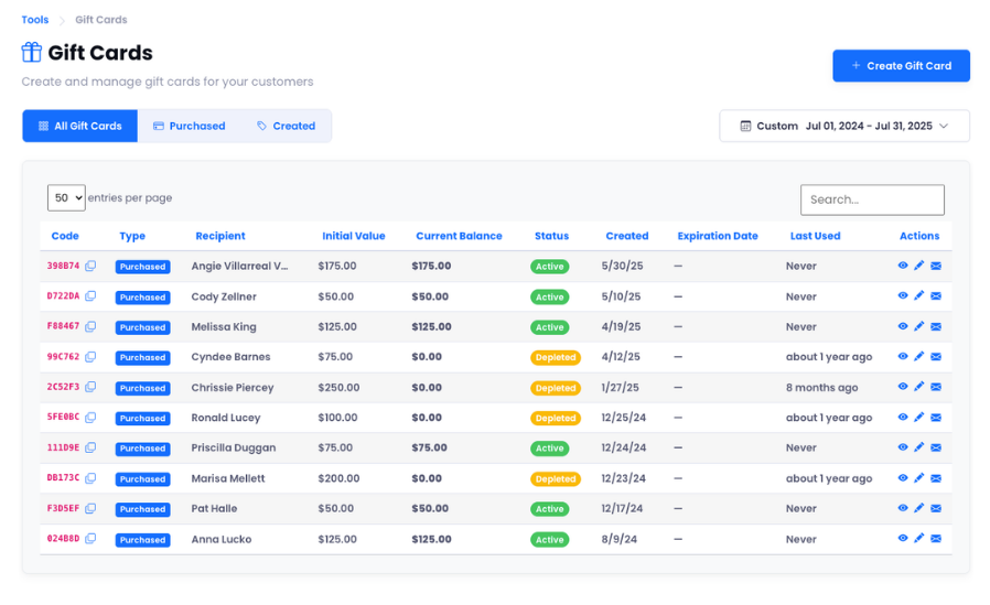 Gift card management dashboard