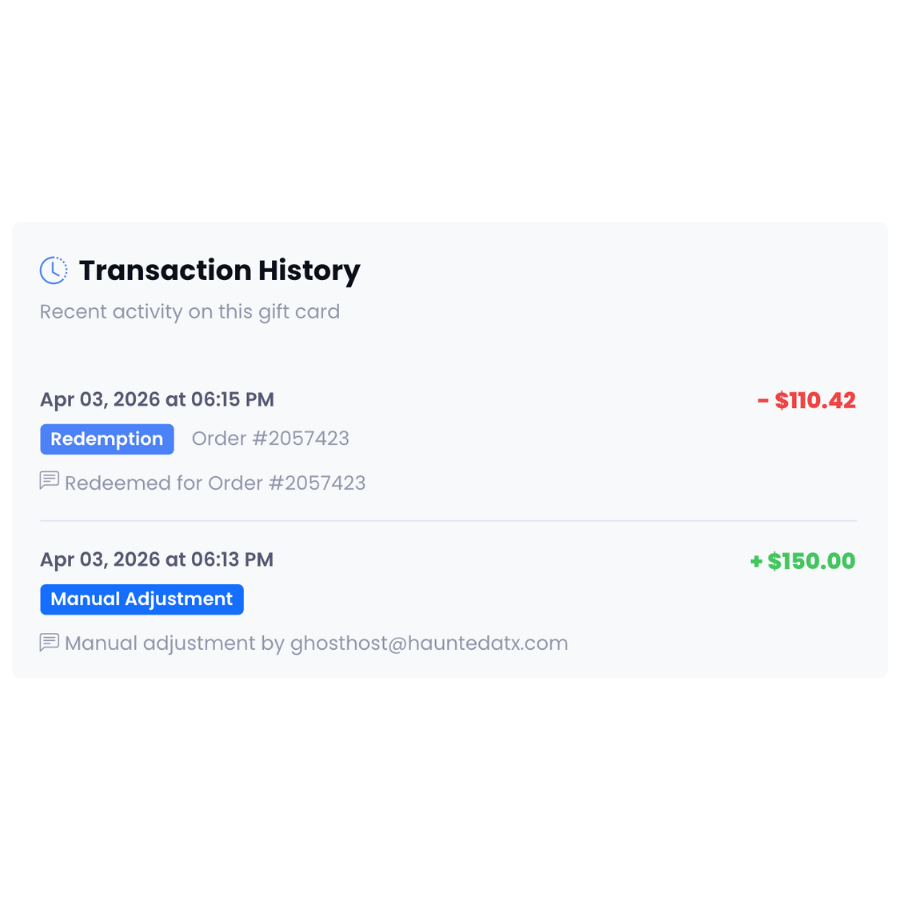 Gift card transaction history